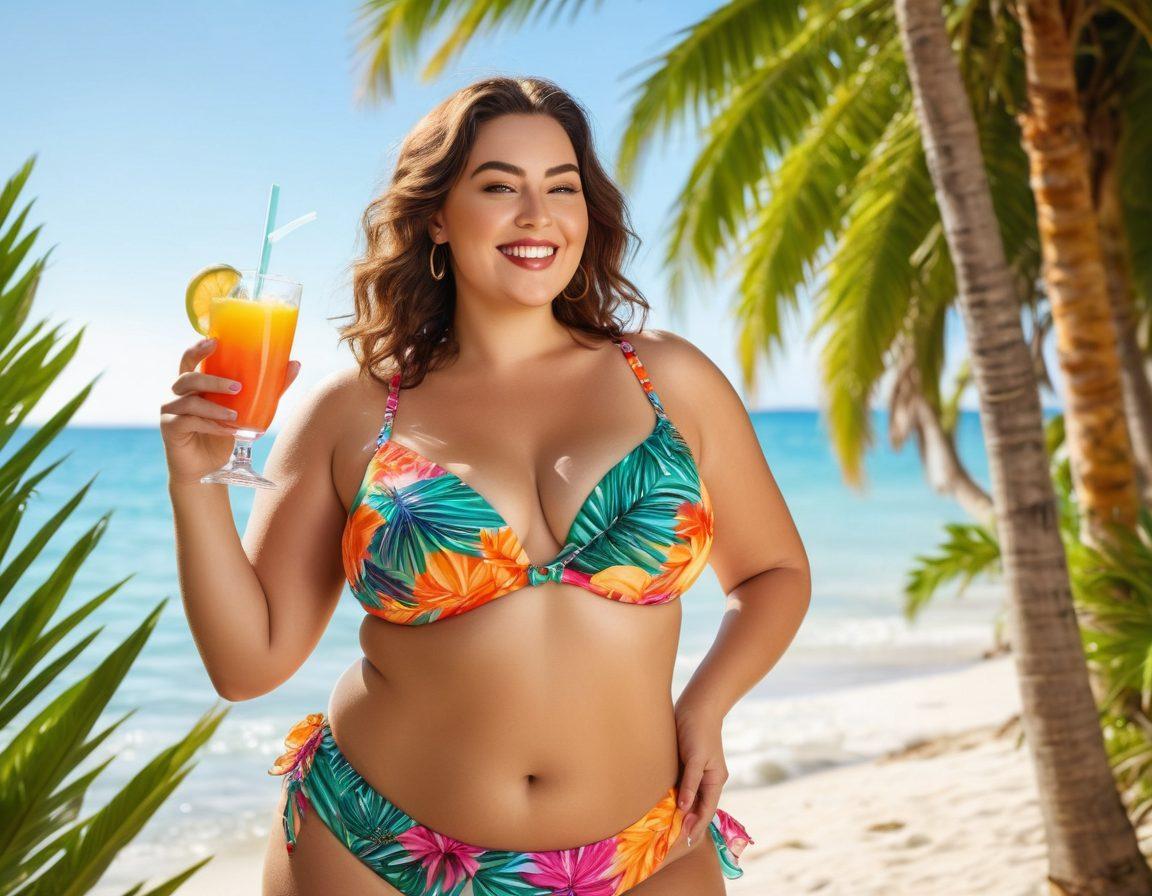 A confident plus-size woman basking in the sun, wearing a vibrant, stylish bikini that flatters her curves. She is surrounded by tropical palm trees and a sparkling beach, holding a refreshing drink with a bright smile. The image captures the essence of summer, self-love, and body positivity. Use bold colors and a lively atmosphere to enhance the scene. super-realistic. vibrant colors. tropical background.