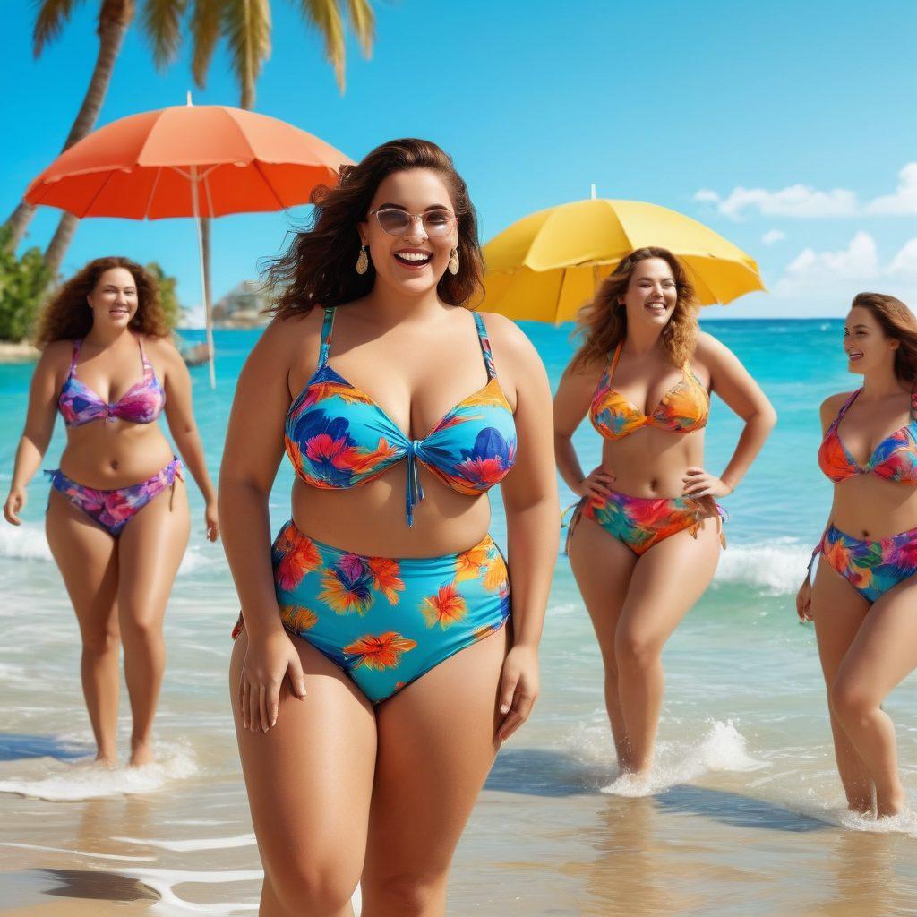 A vibrant beach scene featuring confident plus-size women modeling trendy swimwear. The women are laughing and enjoying the sun, surrounded by colorful beach umbrellas, sandcastles, and waves crashing at their feet. Include tropical palm trees in the background, with a bright blue sky and sparkling ocean. The swimwear should be stylish, reflecting summer trends. super-realistic. bright and cheerful colors. 3D.